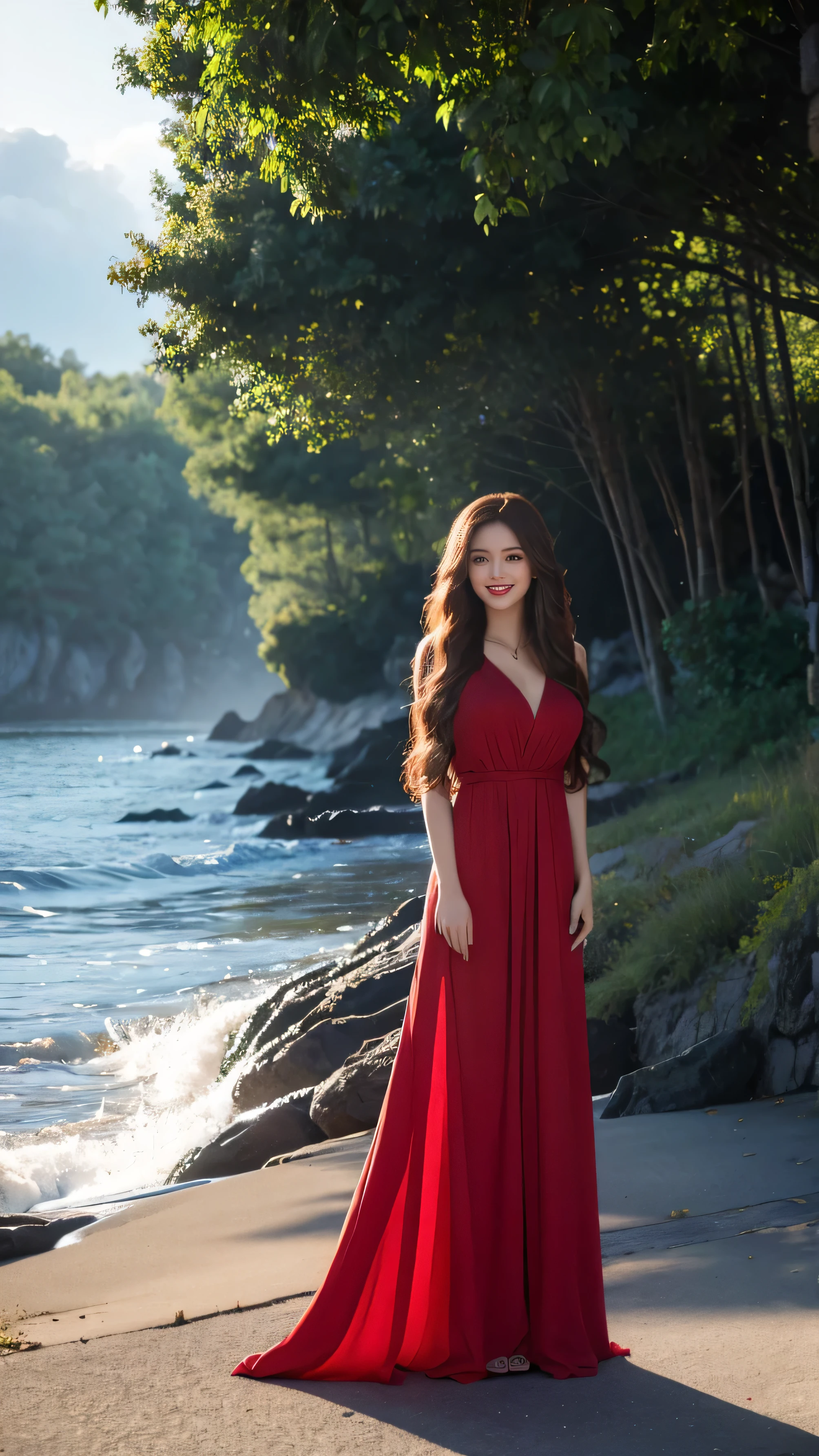 highest quality,masterpiece,Ultra-high resolution,(Actual:1.4),Original photo,Ultra-high resolution,8k,There are women,Fair skin,Exquisite makeup,Big waves of red lips,red super long Dress,red heels,Long legs,Bright and beautiful、Long straight hair_Hair reaching down to the waist,shy smile,light rays,Tyndall effect,outdoor,cloud