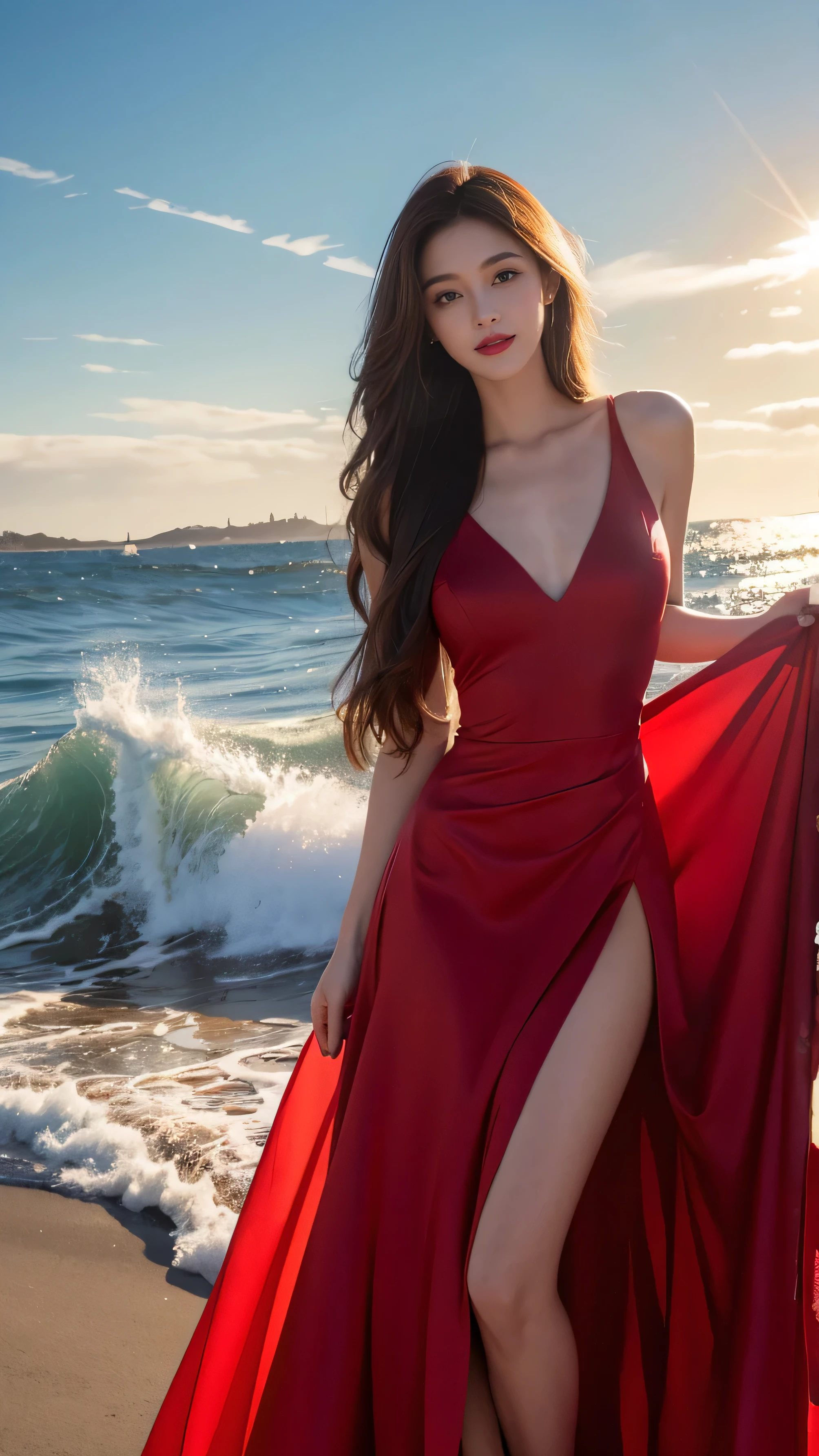 highest quality,masterpiece,Ultra-high resolution,(Actual:1.4),Original photo,Ultra-high resolution，8k，There are women，Fair skin，Exquisite makeup，Big waves of red lips，red super long Dress，red heels，Long legs，Bright and beautiful、Long straight hair_Hair reaching down to the waist,shy smile,light rays,Tyndall effect,outdoor,cloud