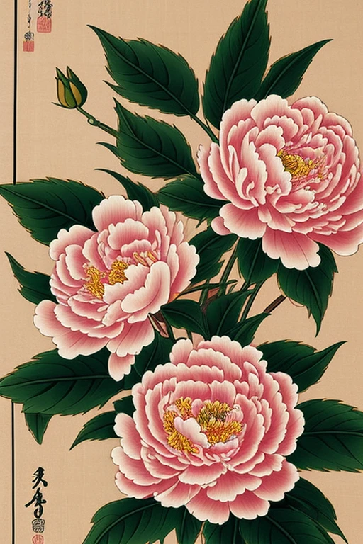Japanese-style, Ukiyo-e style, Art, super high quality, peony, Bud, Bloom