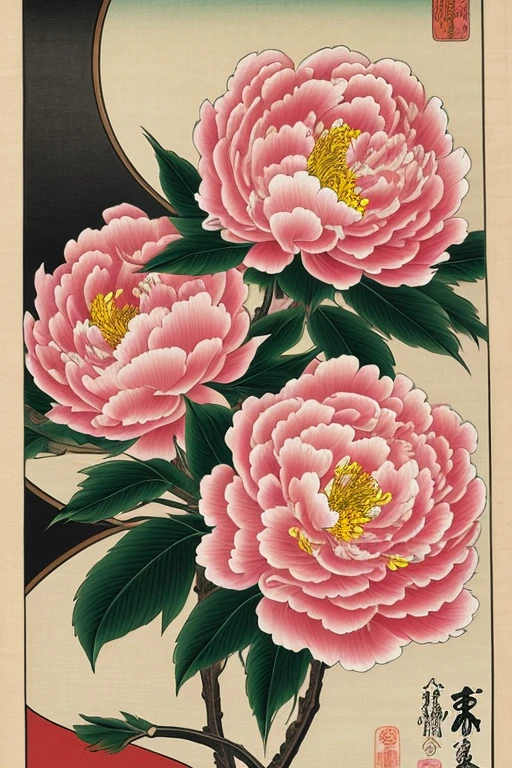 Japanese-style, Ukiyo-e style, Art, super high quality, peony, Bud, Bloom