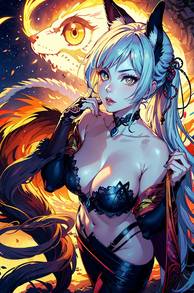 (nubile seductive woman with nine flowing tails,amber eyes,mythical creatures,enchanted landscapes,enchanted tapestry) (best quality,4k,highres),(realistic:1.37),ultra-detailed, vivid colors, professional, HDR, studio lighting, [horror,anime], [dark and mysterious], [soft and ethereal]