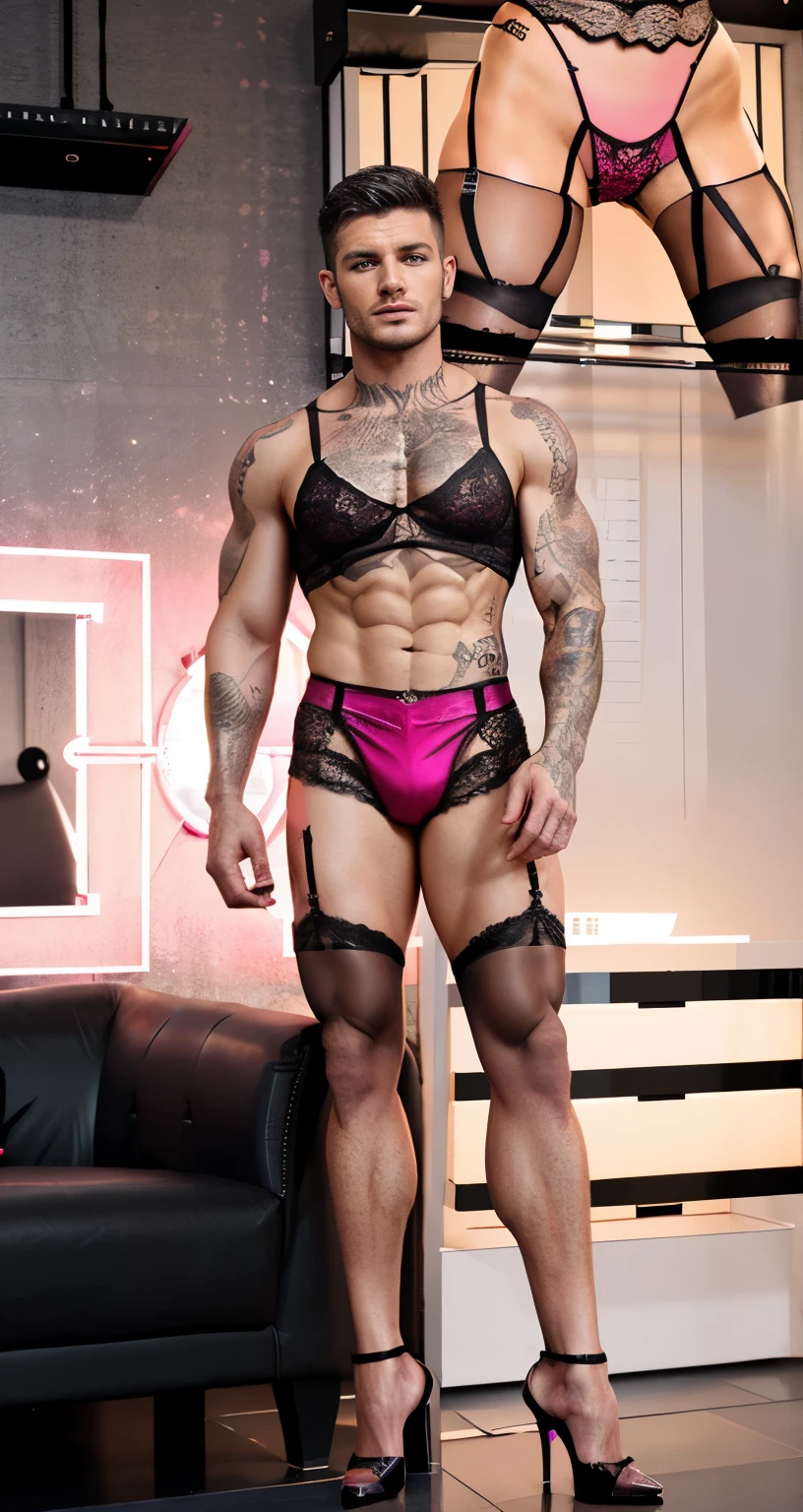 A Muscular masculine hunk man with very short hair, around bicep tatto, pink lingerie, gaff, black nylon stockings with lace top, padded bra, extreme black closed high heels pumps with metal heel, with makeup, fake nails and fake eyelashes