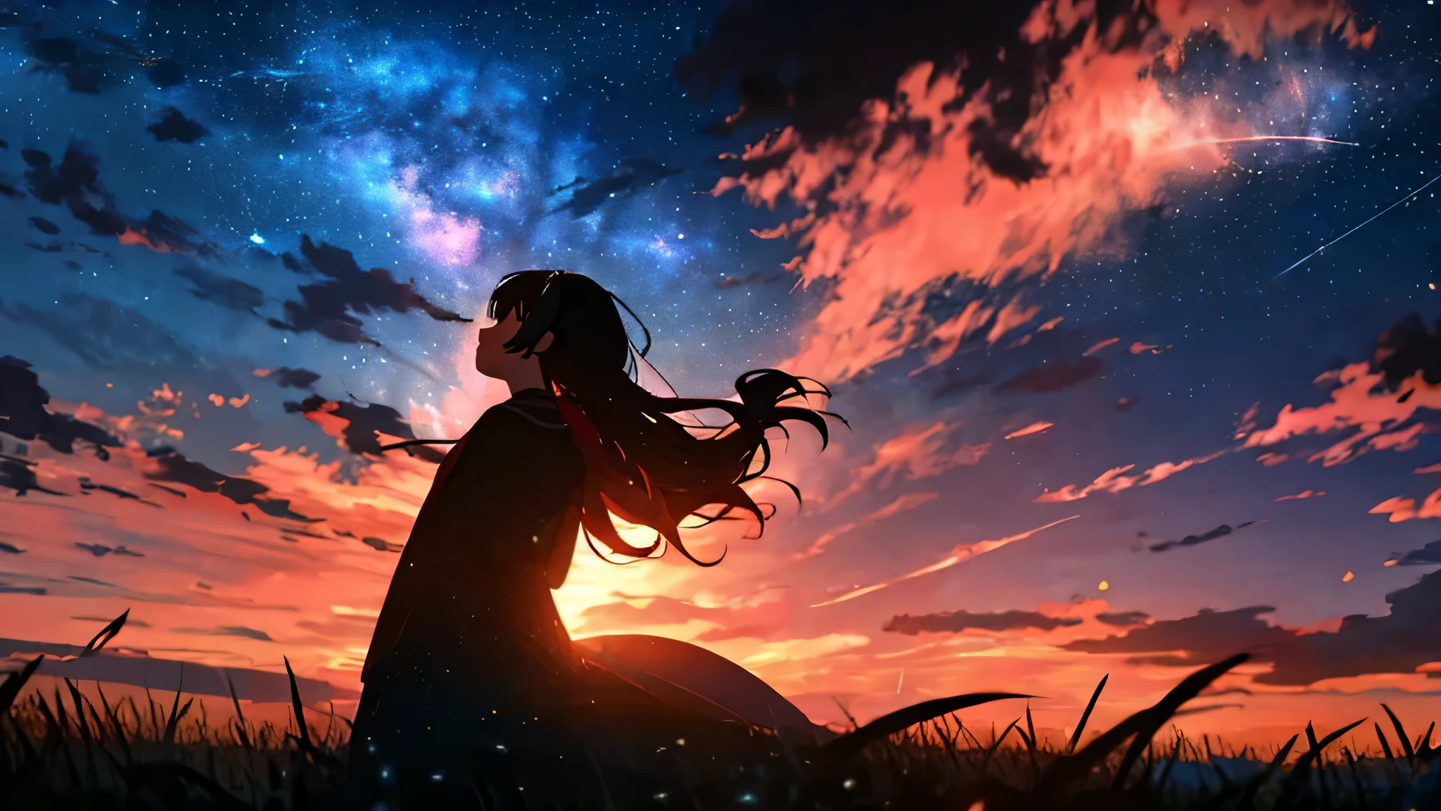 sunset、hill、cloud、Long Hair、woman、silhouette、Back view、Beautiful starry sky、Looking up at the sky、The wind is blowing、Wide sky、Headphones、shooting star
