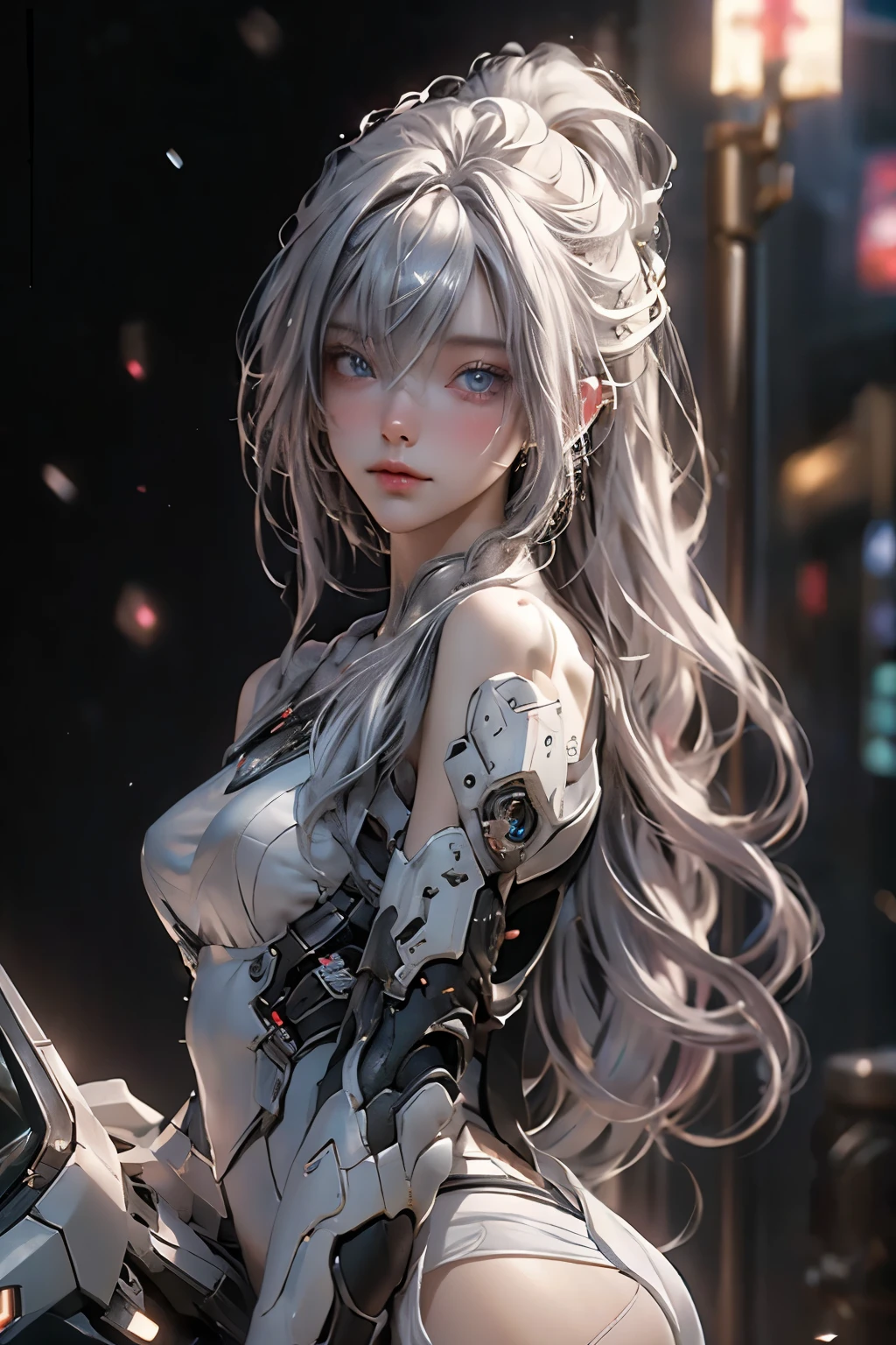 ((masterpiece)), (detailed:1.4),Realistic、 Images of cyberpunk women,Dynamic pose、A dynamic pose、High resolution(High Dynamic Range),Ray Tracing,NVIDIA,Super Resolution,PBR Textures,Post-processing,Anisotropic Filtering,Maximum depth of field resolution and crisp layer textures,Albedo and Specular Maps,Surface Shading,Accurate simulation of material interactions,Perfect balance,Rendering with Octane,2-color light,Large Diameter,Low ISO,White balance,Rule 3 points、8K raw data、Backlight、(Gray hair that changes with light、length bangs that block the view、length, Lustrous gray hair、Smooth and straight hair、WHITE hair fluttering in the wind、Beautiful Bangs)、(Beautiful, glowing skin、Cheek gloss highlight、Sexy and very beautiful and adorable face、The most beautiful face in the world、big, Sparkling blue eyes)、(Cute 25 year old girl、Ample breasts、Small waist、Delicate shoulders、Perfect figure)