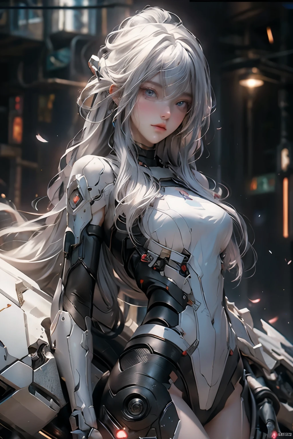 ((masterpiece)), (detailed:1.4),Realistic、 Images of cyberpunk women,Dynamic pose、A dynamic pose、High resolution(High Dynamic Range),Ray Tracing,NVIDIA,Super Resolution,PBR Textures,Post-processing,Anisotropic Filtering,Maximum depth of field resolution and crisp layer textures,Albedo and Specular Maps,Surface Shading,Accurate simulation of material interactions,Perfect balance,Rendering with Octane,2-color light,Large Diameter,Low ISO,White balance,Rule 3 points、8K raw data、Backlight、(Gray hair that changes with light、length bangs that block the view、length, Lustrous gray hair、Smooth and straight hair、WHITE hair fluttering in the wind、Beautiful Bangs)、(Beautiful, glowing skin、Cheek gloss highlight、Sexy and very beautiful and adorable face、The most beautiful face in the world、big, Sparkling blue eyes)、(Cute 25 year old girl、Ample breasts、Small waist、Delicate shoulders、Perfect figure)