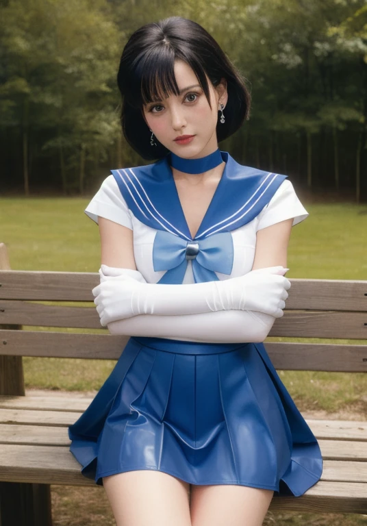 masterpiece, highest quality, High resolution, Show more1, tiara, Sailor Warrior Uniforms, Blue sailor collar, bow, Knee Boots, choker, White gloves, blue choker, elbow gloves, jewelry, Earrings, Blue Skirt, Cowboy Shot, 1990s \(style\), Sitting, bench,Latex suit,Rubber Dress