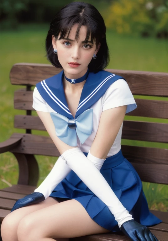 masterpiece, highest quality, High resolution, Show more1, tiara, Sailor Warrior Uniforms, Blue sailor collar, bow, Knee Boots, choker, White gloves, blue choker, elbow gloves, jewelry, Earrings, Blue Skirt, Cowboy Shot, 1990s \(style\), Sitting, bench,Latex suit,Rubber Dress