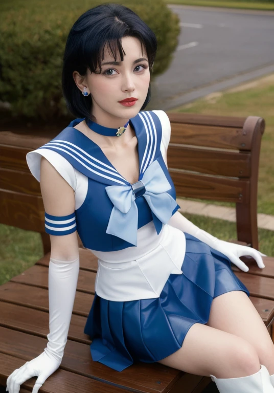 masterpiece, highest quality, High resolution, Show more1, tiara, Sailor Warrior Uniforms, Blue sailor collar, bow, Knee Boots, choker, White gloves, blue choker, elbow gloves, jewelry, Earrings, Blue Skirt, Cowboy Shot, 1990s \(style\), Sitting, bench,Latex suit,Rubber Dress