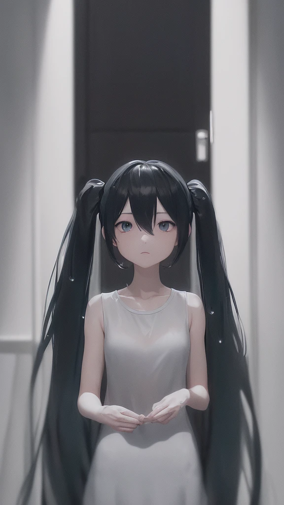 (very delicate and beautiful）、open the door（Ｔshirt）woman、offensive photos、solo、（silhouette）、raindrop、dark background、black figure、（silhouette）、slender body、dark background、Single unit、sad、1 person,Silhouette only,Black silhouette and white background,Hatsune Miku,Twin tails,blue gem eyes,Blue Hair