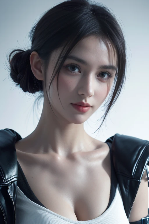 masterpiece,highest quality,High resolution,8k,(Portraiture),((Head close-up)),Actual photo,Digital photography,(Sci-fi style female scientist),20-year-old girl,Random Hairstyles,With bangs,(Random color eyes),(Random color hair),Plump breasts,Cleavage,Elegant and noble,Serious and disinterested,Open lab coat,Black Tube Top Bra,Rich details,Shut your mouth.,Intricate decoration,Cyberpunk futuristic style,(Female Scholar),White background,oc rendering reflection texture