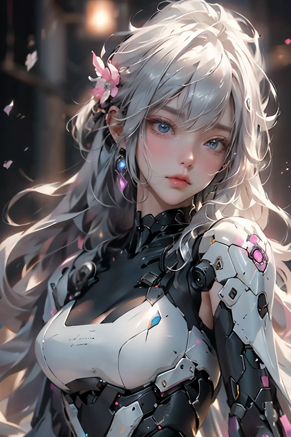 （（masterpiece））， （detailed：1.4），Realistic、 Images of cyberpunk women，Dynamic pose、A dynamic pose、High resolution（High Dynamic Range），Ray Tracing，NVIDIA，Super Resolution，PBR Textures，Post-processing，Anisotropic Filtering，Maximum depth of field resolution and crisp layer textures，Albedo and Specular Maps，Surface Shading，Accurate simulation of material interactions，Perfect balance，Rendering with Octane，2-color light，Large Diameter，Low ISO，White balance，Rule 3 points、8K raw data、Backlight、（Gray hair that changes with light、length bangs that block the view、length, Lustrous gray hair、Smooth and straight hair、WHITE hair fluttering in the wind、Beautiful Bangs）、（Beautiful, glowing skin、Cheek gloss highlight、Sexy and very beautiful and adorable face、The most beautiful face in the world、big, Sparkling blue eyes）、（Cute 25 year old girl、Ample breasts、Small waist、Delicate shoulders、Perfect figure）
