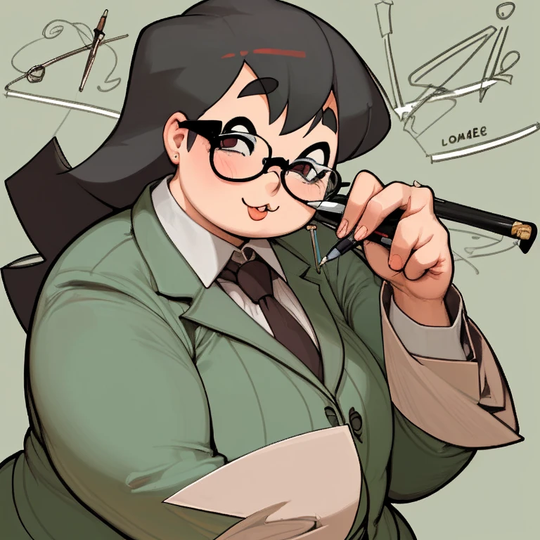Chubby lawyer with slanted eyes and glasses holding a pen