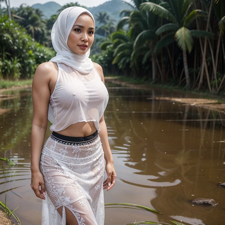 tina 50 years old wearing modern plain hijab ,huge breast , batik skirt , white see through tanktop, hard nipple , standing beside the rice field