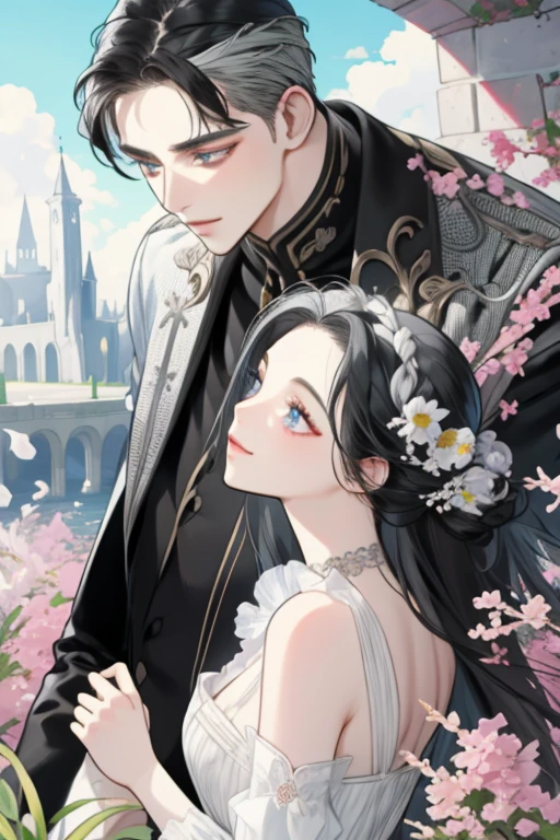 masterpiece, best quality, 2 others, couple, hetero, 1 man with 1 woman, silver and black hair, height difference, different colors, happy, love, landscape full of flowers, forehead, light blue and gray eyes,
