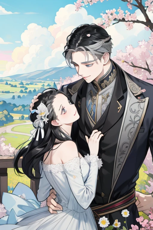 masterpiece, best quality, 2 others, couple, hetero, 1 man with 1 woman, silver and black hair, height difference, different colors, happy, love, landscape full of flowers, forehead, light blue and gray eyes,
