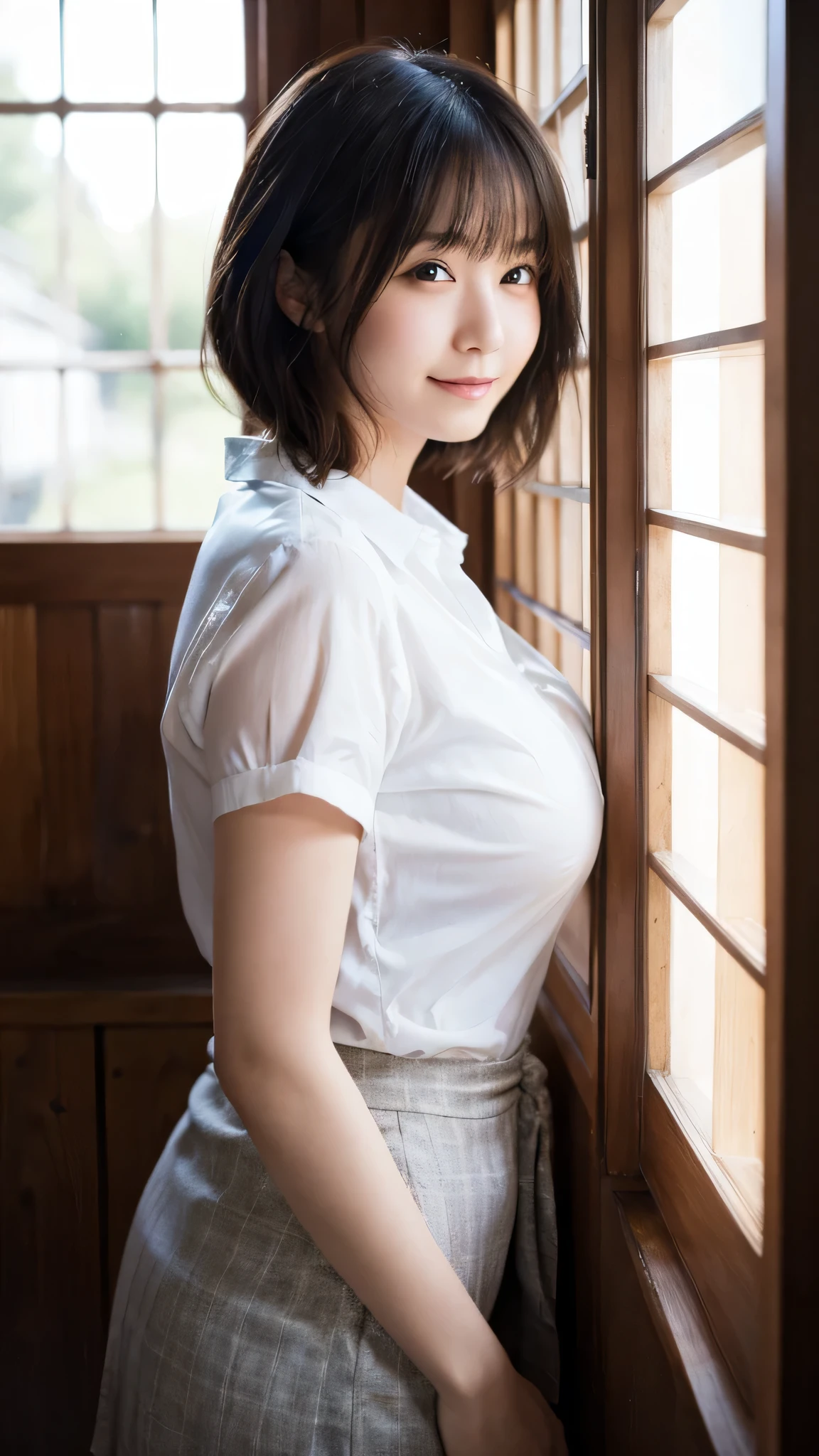 masutepiece, Best Quality, 8K, 16 yo, Large breasts, Raw photo, Professional Photography, Portrait, Soft light, Professional Lighting, Solo, Smile, close up, Face, close up, Cute, Girly, Goddess, Delicate girl, Neat and clean beauty, Upper body, Digital SLR, Looking away, Candid, Sophisticated, Film grain, (Eyes and faces with detailed:1.0), Short hair swaying in the wind, Bangs, Silk blouse, Skirt, Indoor