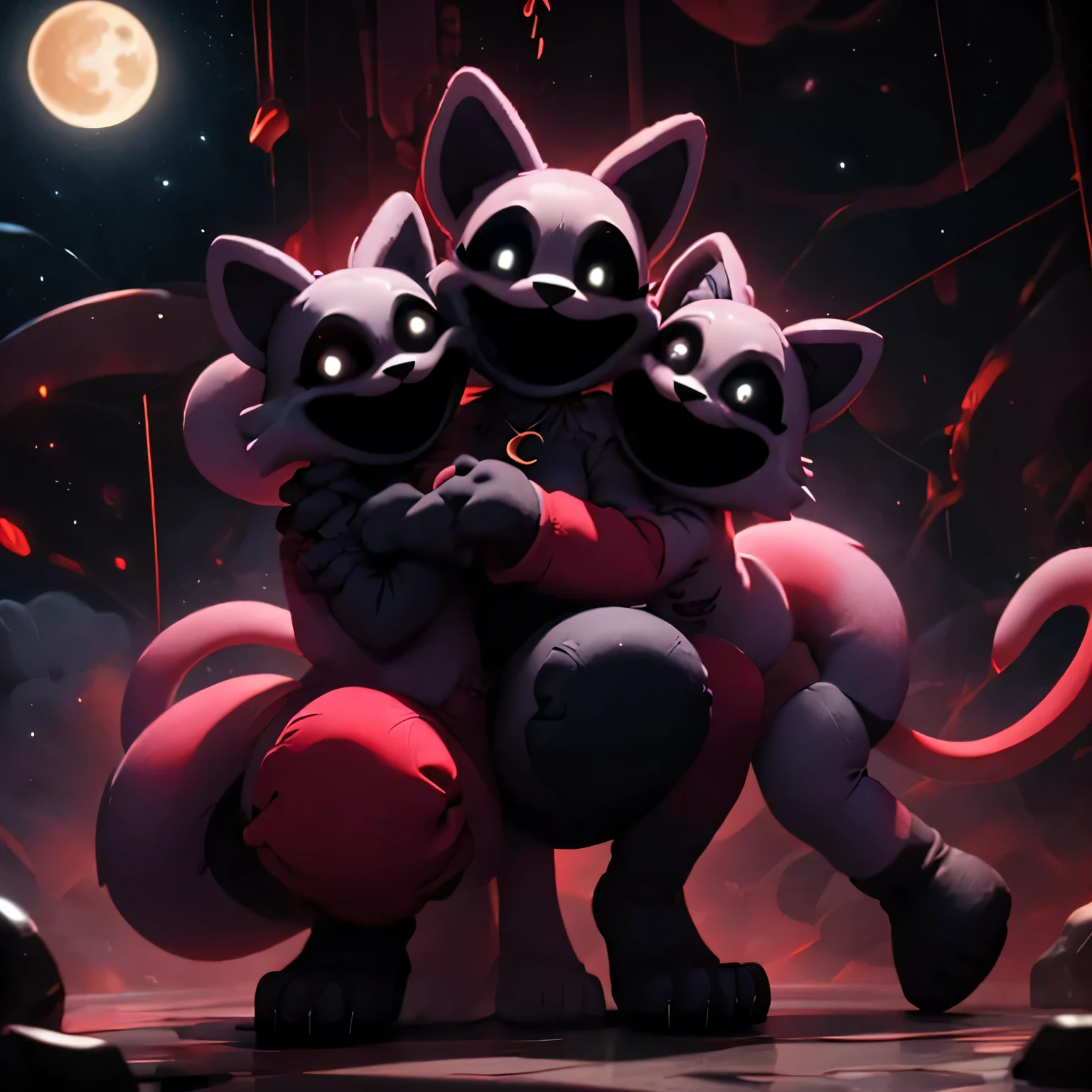 furry, cat,black eyes,crazy laugh,black mouth,moon necklace,plush toy,seams,no humans,cartoonized,solo,full_body,night,horror \(theme\),smiling critters,pmmkr2024, magic, anime, cartoon, creature, best quality, trending on artstation,nice art,perfect art,nice detailed art,nice detailed body,nice detailed face,nice detailed hands,quadruped,Bobby BearHug is an anthropomorphic bear with red fur, black eyes and white pupils, a black nose, rounded ears, and padded paws. Her paws and upper-snout are a lighter shade of red, similar to the inside of her ears. She wears a black necklace sporting a ruby-colored heart pendant.