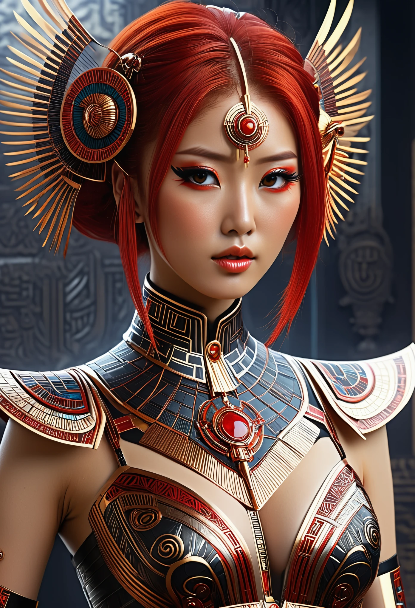 (high quality), (masterpiece), (detailed), 8K, Hyper-realistic digital illustration depicts (Japanese woman1.3) with (vibrant red hair1.2) and (intense red eyes1.2), donning (futuristic fantasy attire1.2) infused with (ancient Egyptian motifs1.2). Her (upper body1.2) is adorned with (intricate hieroglyphic patterns1.2) and (shimmering metallic accents1.2), blending modern technology with ancient mysticism. In style of Ash Thorp, trending on DeviantArt.