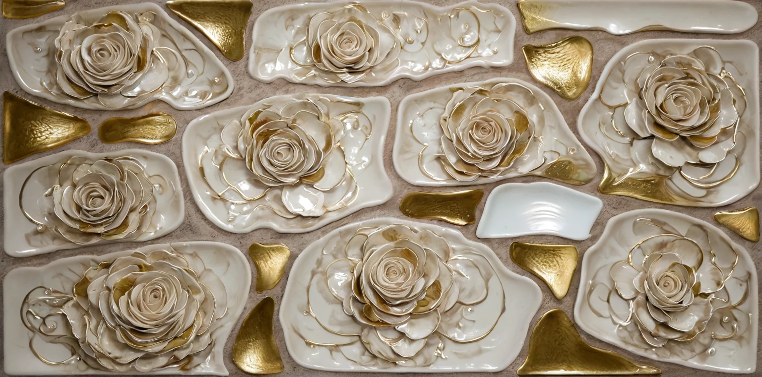 white porcelain flowers on a table, roses, tulpes, inside swirl splashes waves, crazy geometry, masterpiece, fluid, flora, muted colors, pearl, gold, luxurious, extremely detailed