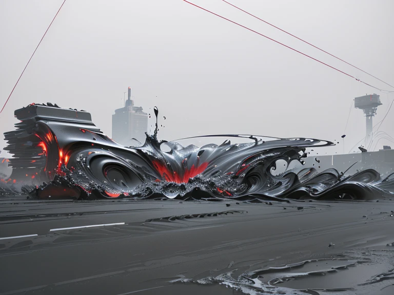 There is a very large red object in the middle of a dark background, 3 d Fluid simulation render, chaotic swirling ferrofluids, rendered in houdini, houdini Fluid simulation, Epic 3D Abstract Model, Fluid simulation in houdini, Fluid simulation, rendered in maya and houdini, rendered, black Fluid simulation, intricate artwork. Octane render