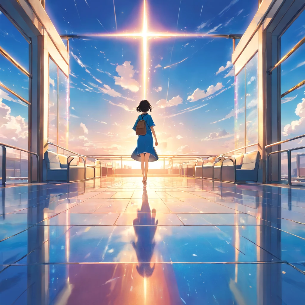 masterpiece、highest quality、Super fine、Lens flare、Spectacular views、blue sky、The floor is stained glass、One Man、Walking at a distance、Open