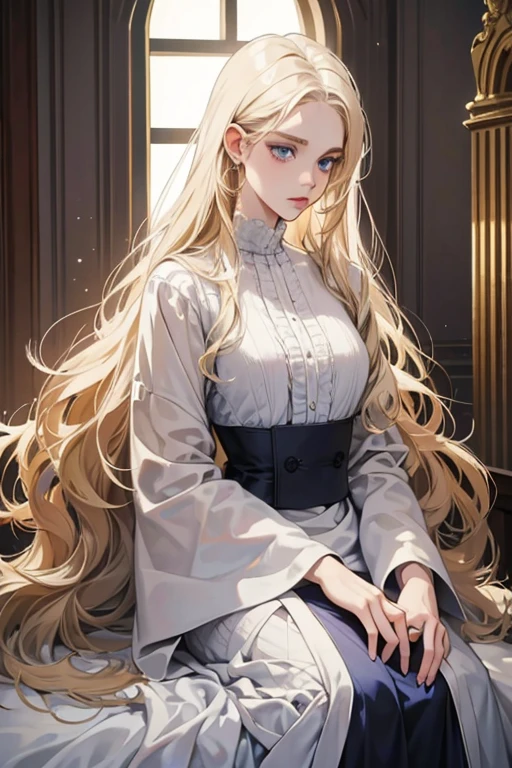 white girl about 25 years old, thin, elegant and beautiful clothes, with crucifix details, crucifix earrings, blind blue eyes, in a European mansion, long wavy blonde hair