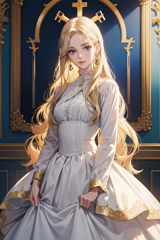 white girl about 25 years old, thin, elegant and beautiful clothes, with crucifix details, crucifix earrings, blind blue eyes, in a European mansion, long wavy blonde hair