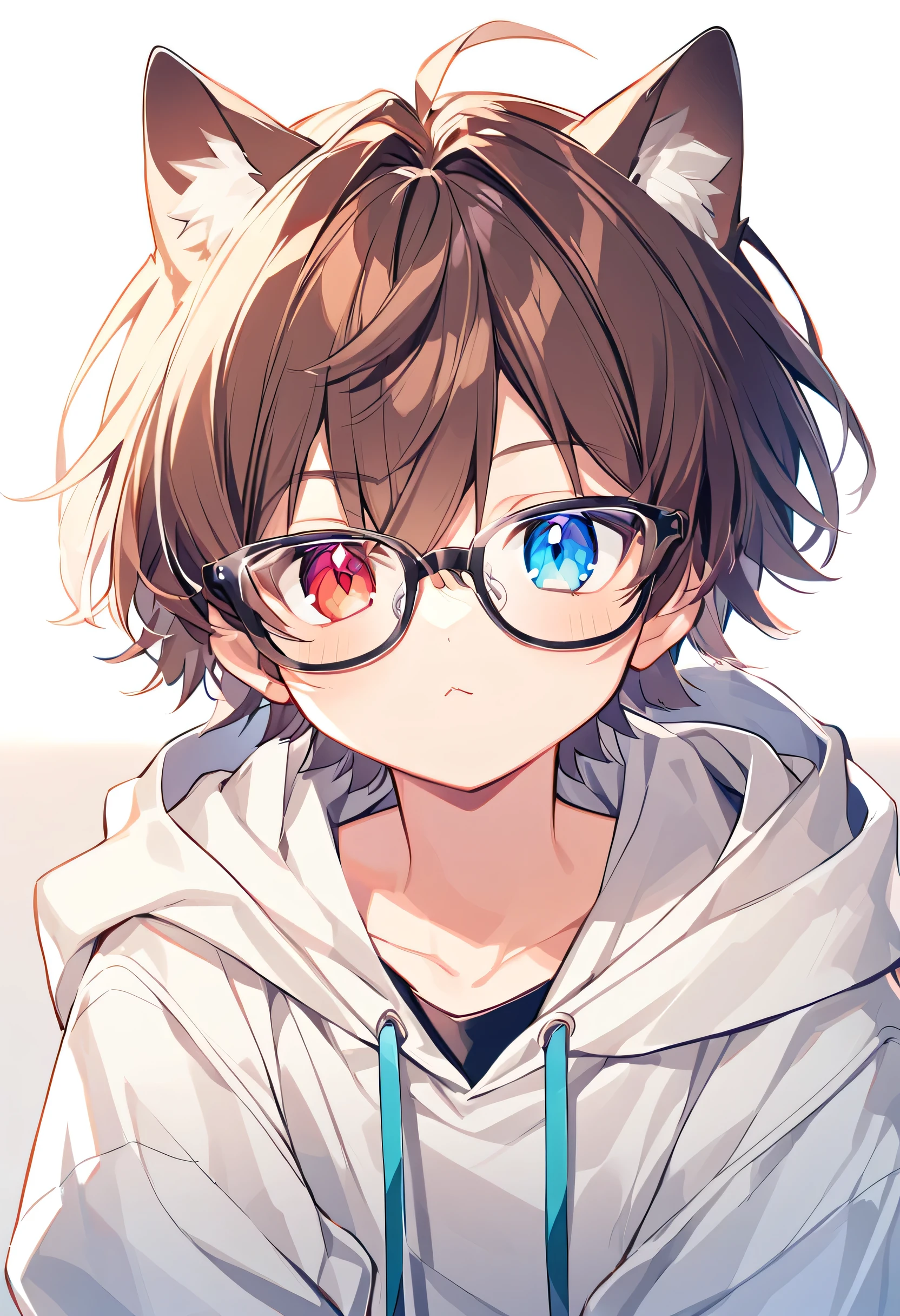 solo,boy,looking away,aroused,brown hair,cute,very short hair,happy,heterochromia,red eyes,blue eyes,cat ears,hoodie,glasses,collar,