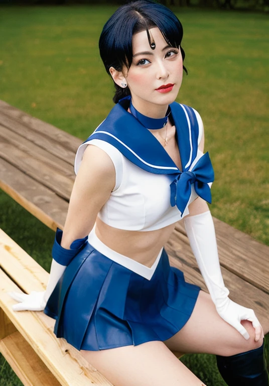 masterpiece, highest quality, High resolution, Show more1, tiara, Sailor Warrior Uniforms, Blue sailor collar, bow, Knee Boots, choker, White gloves, blue choker, elbow gloves, jewelry, Earrings, Blue Skirt, Cowboy Shot, 1990s \(style\), Sitting, bench,Latex suit,Rubber Dress