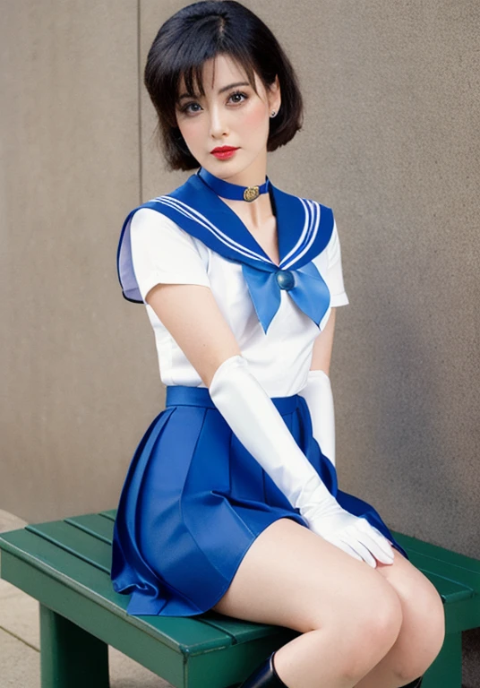 masterpiece, highest quality, High resolution, Show more1, tiara, Sailor Warrior Uniforms, Blue sailor collar, bow, Knee Boots, choker, White gloves, blue choker, elbow gloves, jewelry, Earrings, Blue Skirt, Cowboy Shot, 1990s \(style\), Sitting, bench,Latex suit,Rubber Dress