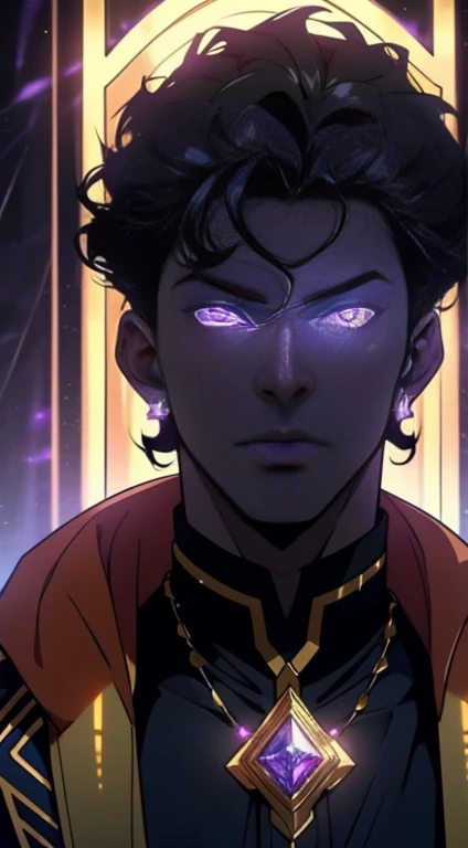 Dark skin man, glowing purple eyes, powerful, curly black hair, male, anime style, 4k image, looking up, epic, cinematic, ground level shot, hot, crystal throne room background, wearing golden jewelry, wearing shiny glowing academia outfit, insanely detailed, cool details
