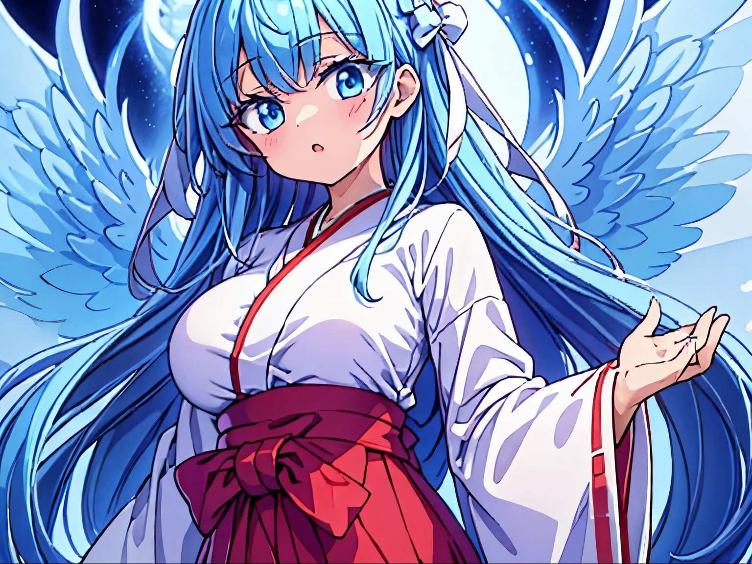 highest quality　High resolution　White ribbon　Shoelace knot、Reaching Out,close-up head　 シンプルなShrine maiden服　Shrine maiden服　Anime style illustrations　Shrine maiden　cute　Big Breasts　Scarlet hakama　Bright Blue Eyes　Hime cut 　One Woman　Light blue hair　semi-long　Wide sleeves　Long hem　cute目　Fantastic background