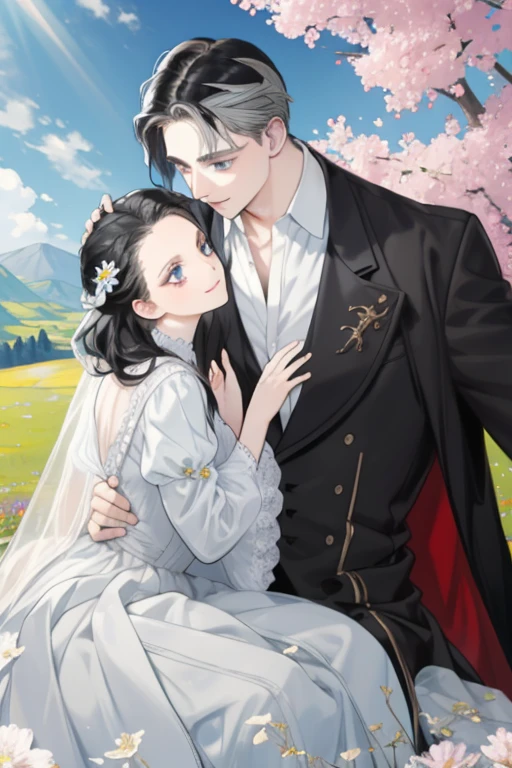 masterpiece, best quality, 2 others, couple, hetero, 1 man with 1 woman, silver and black hair, height difference, different colors, happy, love, landscape full of flowers, forehead, light blue and gray eyes,