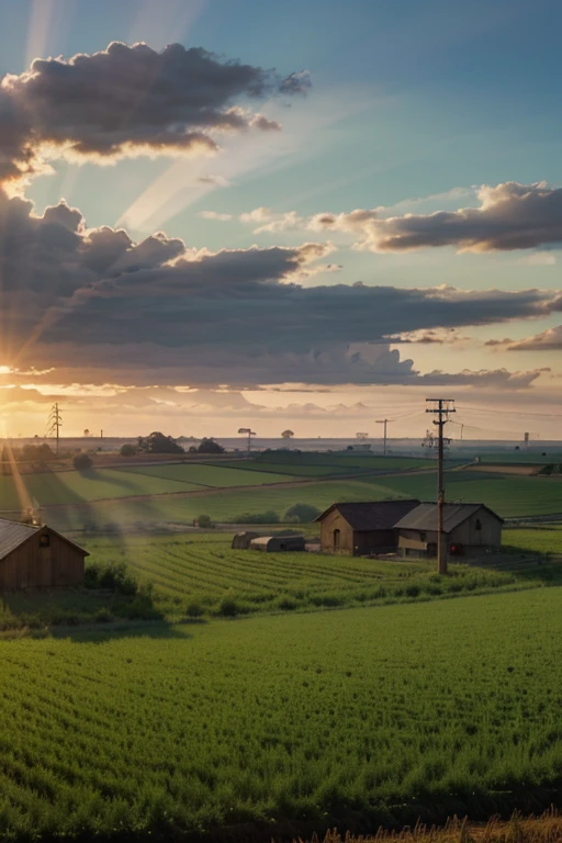 A morning rural scene with crop fields and electric poles. 4K very detailed, anime style, 9:16, beautiful, god rays, light diffusion,