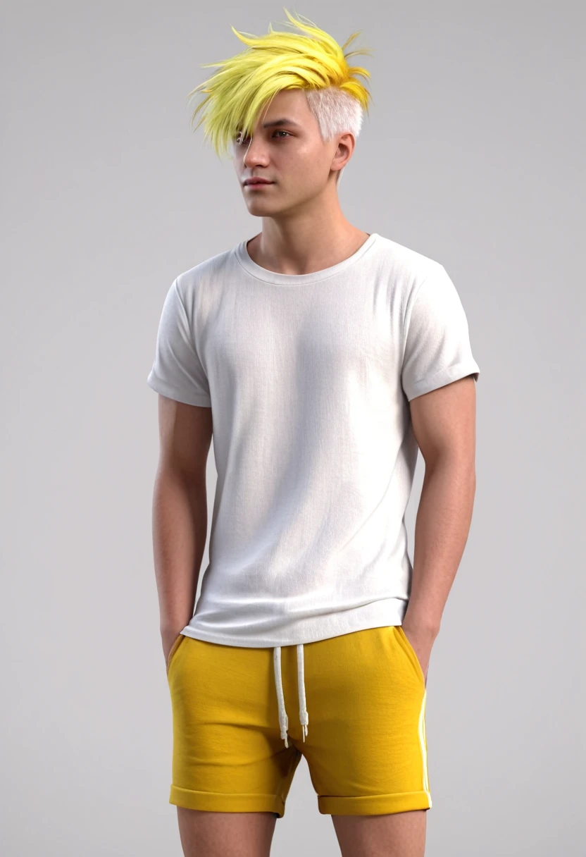 Electric handsome boy with loose clothes Red and white, white and yellow shorts hair 4k ultra realistic