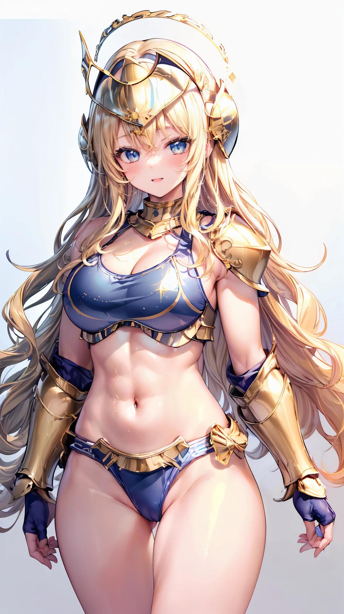 Very detailed、highest quality、Best image quality、masterpiece、8k、Anime Face、A kind smile、Open your mouth、Sparkling blue eyes、(Blonde wavy hair:1.5)、、Muscles of the whole body、camisole、Thigh belt、mini skirt、(Wearing gold bikini armor:1.5)、(Cowboy Shot:1.5)、(Leg armor:1.5)、(Wearing a helmet:1.5)