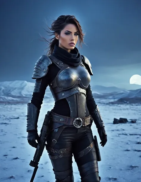 wasteland, female warrior sci-fi future fantasy，movie stills，vast wasteland，snow everywhere，cold night，sci-fi art, in style of a...