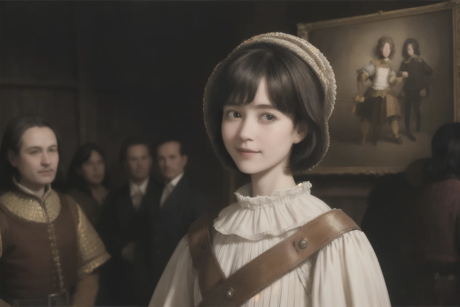 221 Short Hair, 20-year-old woman, A kind smile, (Luxurious stables), (Rembrandt-style painting), (Focus on the face, Written boundary depth)