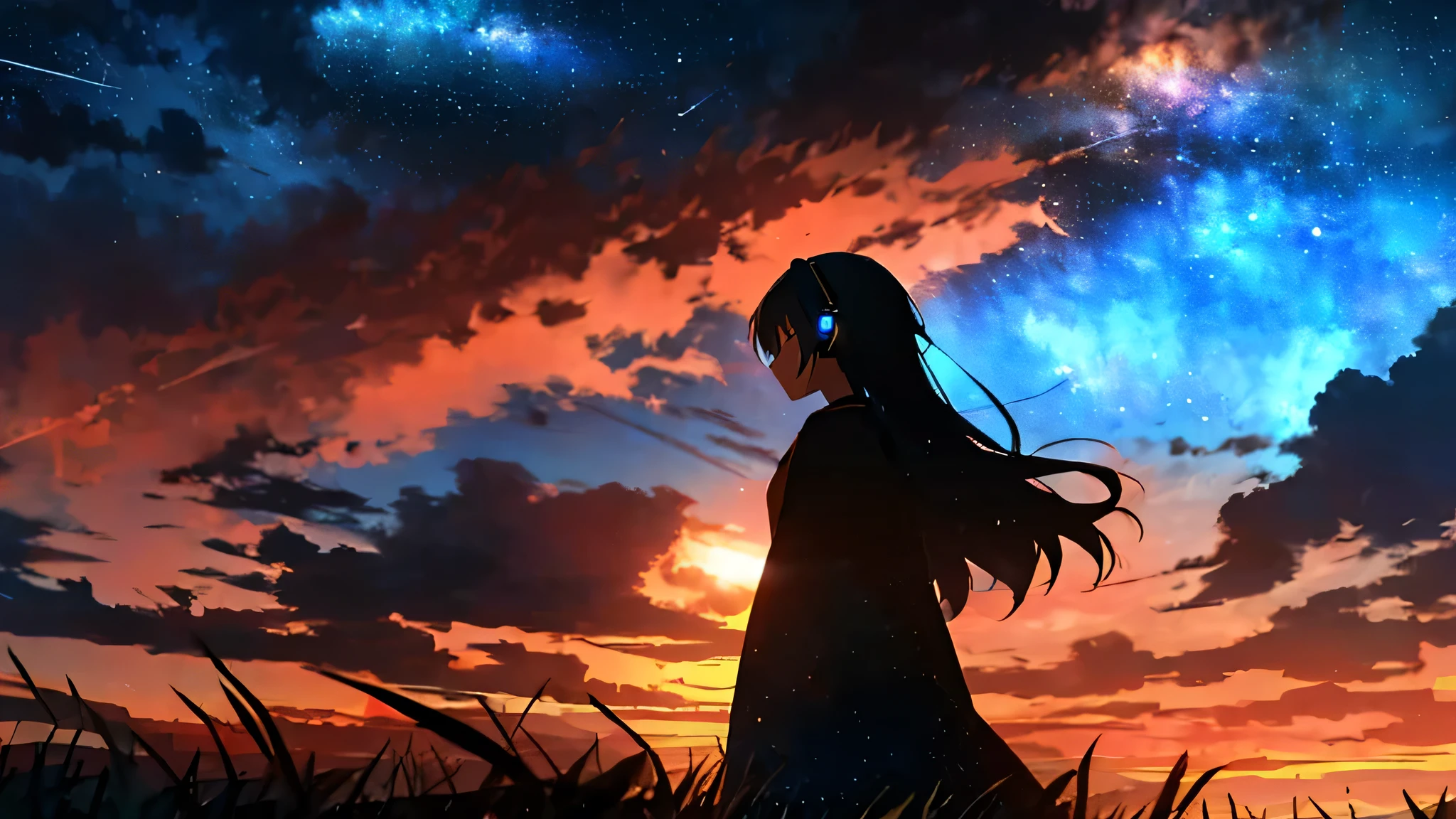sunset、hill、cloud、Long Hair、woman、silhouette、Back view、Beautiful starry sky、Looking up at the sky、The wind is blowing、Wide sky、Headphones、shooting star