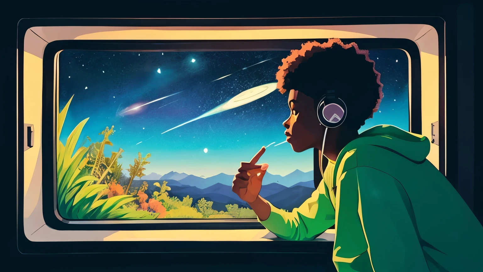 Outside the window, the universe spreads. A hip hop black boy is sitting in a spaceship and watching outside window and listing to music. The illustration follows the LoFi art style, with a low-fi aesthetic, Inspired by James Wornick. It captures the essence of LoFi with its chillhop vibes . The color palette is LoFi, creating a relaxed and aesthetic portrait in a laid-back setting.  Space atmosphere . 