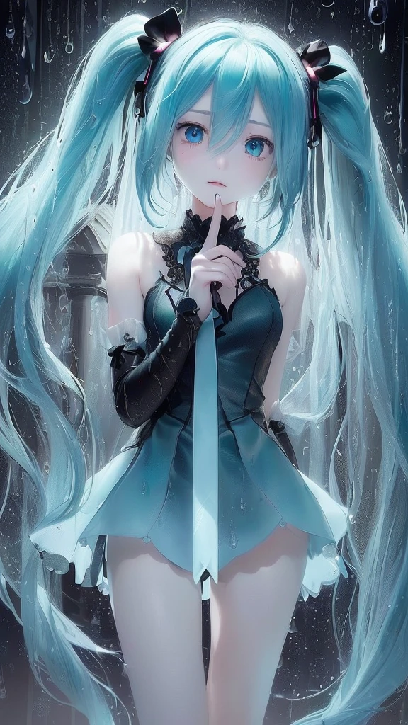 (very delicate and beautiful）、（woman、offensive photos、solo、（silhouette）、raindrop、dark background、figure、（silhouette）、slender body、dark background、Single unit、sad、1 person,Silhouette only,Hatsune Miku,Twin tails,blue gem eyes,Blue Hair、Hatsune Miku、city、It rains