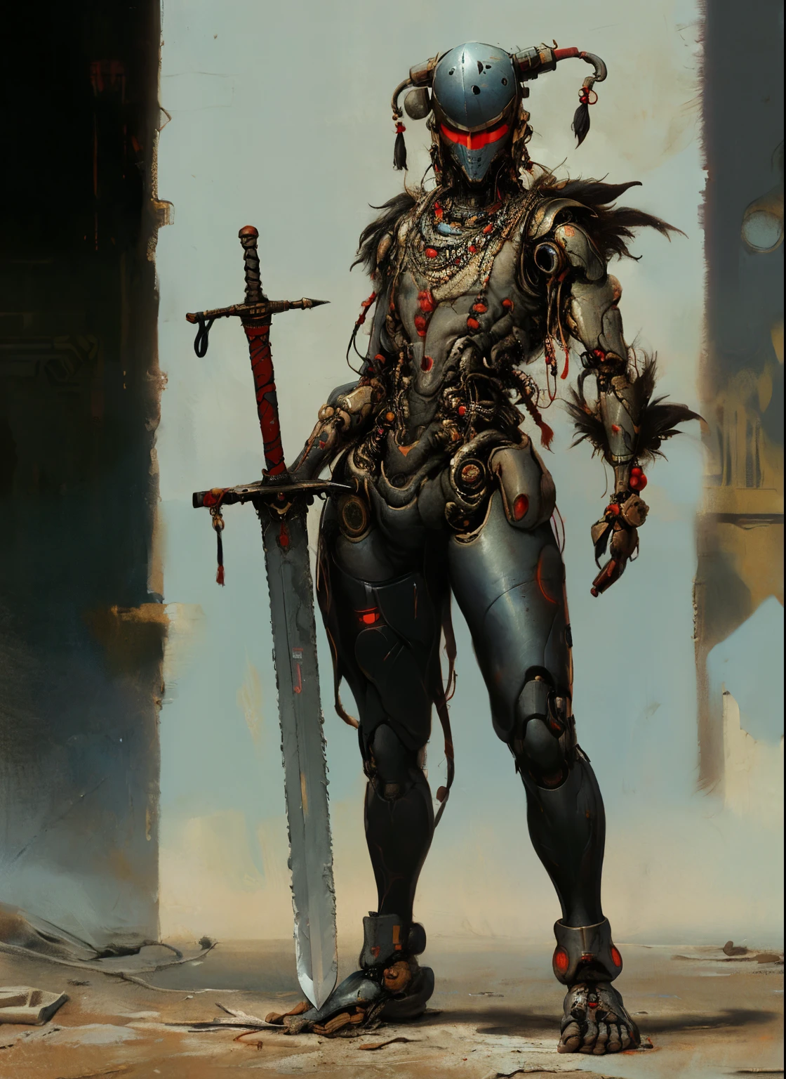 Perfect Proportions, Anatomically correct, (Head to Toe: 2.0), (Full body image: 2.0), alone, (artificial human world: 1.6), highly stylized, Deviant art, masterpiece, Very detailed, fine grain, expressive fine grain, Detailed pupil, Futuristic, ((1950s Sci-Fi Helmet)), ((Pointed helmet)), Rubber Gloss, (Wai Lian Wei:1.4), big boot, Full body image, Full Body Shot, nvink punk, professional photograph of alexander_skarsgard, Tassel, big beads, (大きなTassel), cyber punk, ink punk, Paint Tray, Ink splash, (Action pose:1.0), ((Holding the Sword))