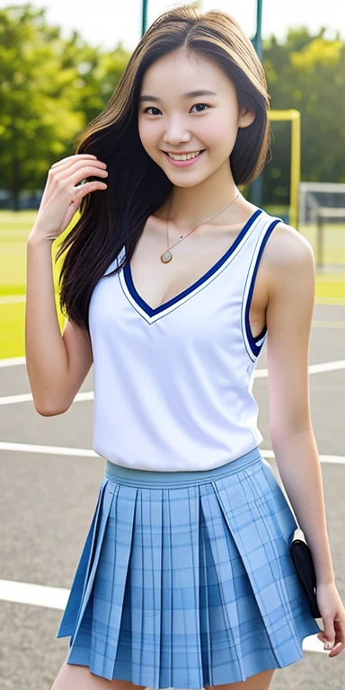 neat college girl, petite person, (school uniform, summer clothes, short sleeves), outside the athletic field, (slim), photorealistic, detail, skin texture, ultra detail, delicate and sexy collarbone, smile, super detailed face, detailed lips, detailed eyes, double eyelids, breast emphasis, navel, constriction