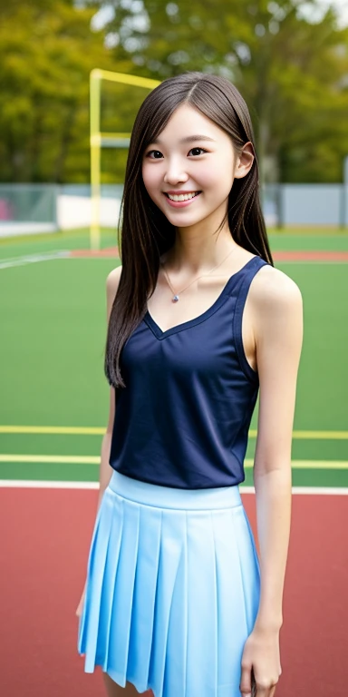 A neat female college student, people, (skirt, Play sports often), Outside the playground, (slim), Realistic, detailed, Skin Texture, ultra detailed, Delicate and sexy collarbone, smile, super detaileded face, detaileded lips, detaileded eyes, small breasts, small, small breasts, small, flat breasts, flat