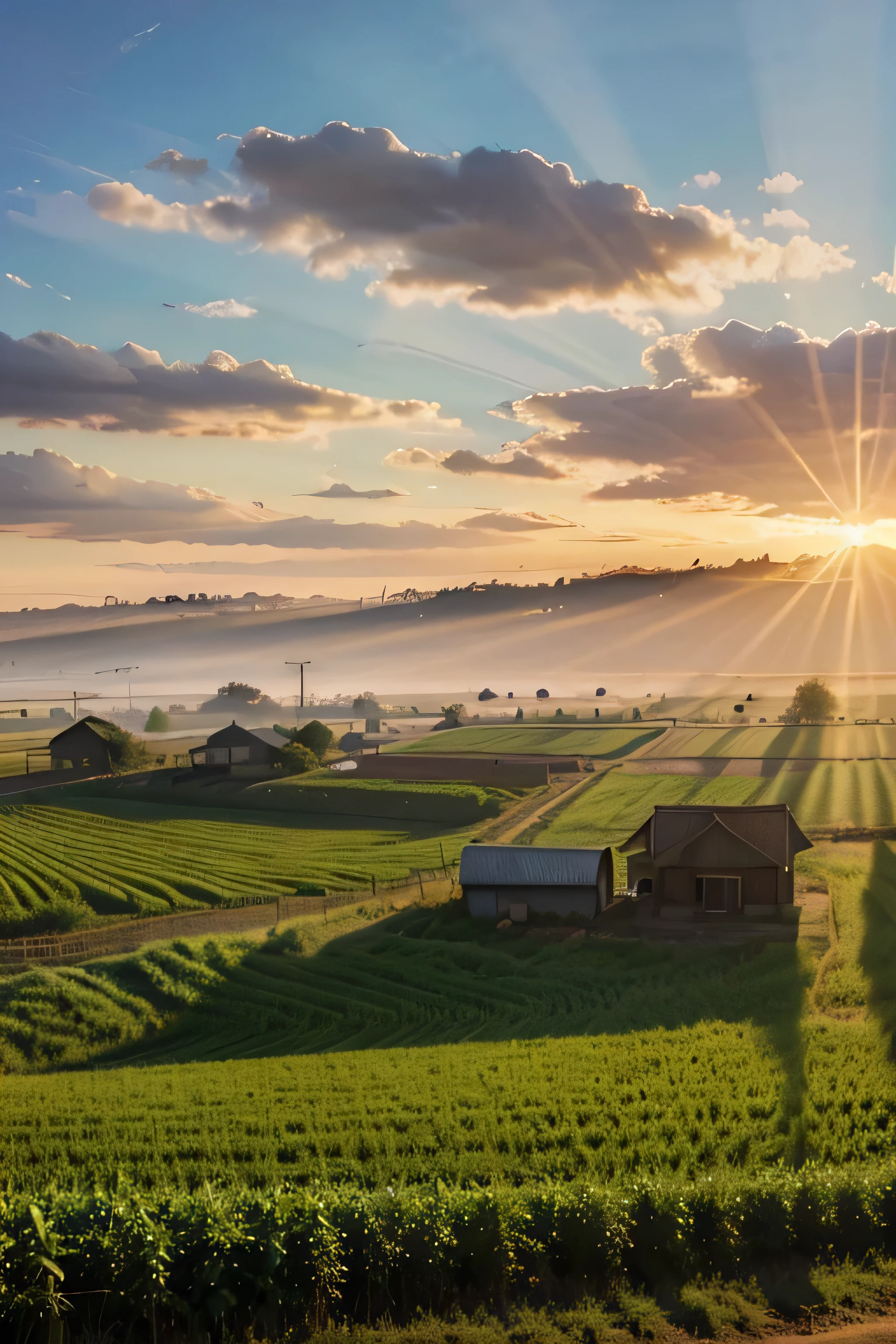 A morning rural scene with crop fields and electric poles. 4K very detailed, anime style, 9:16, beautiful, god rays, light diffusion,