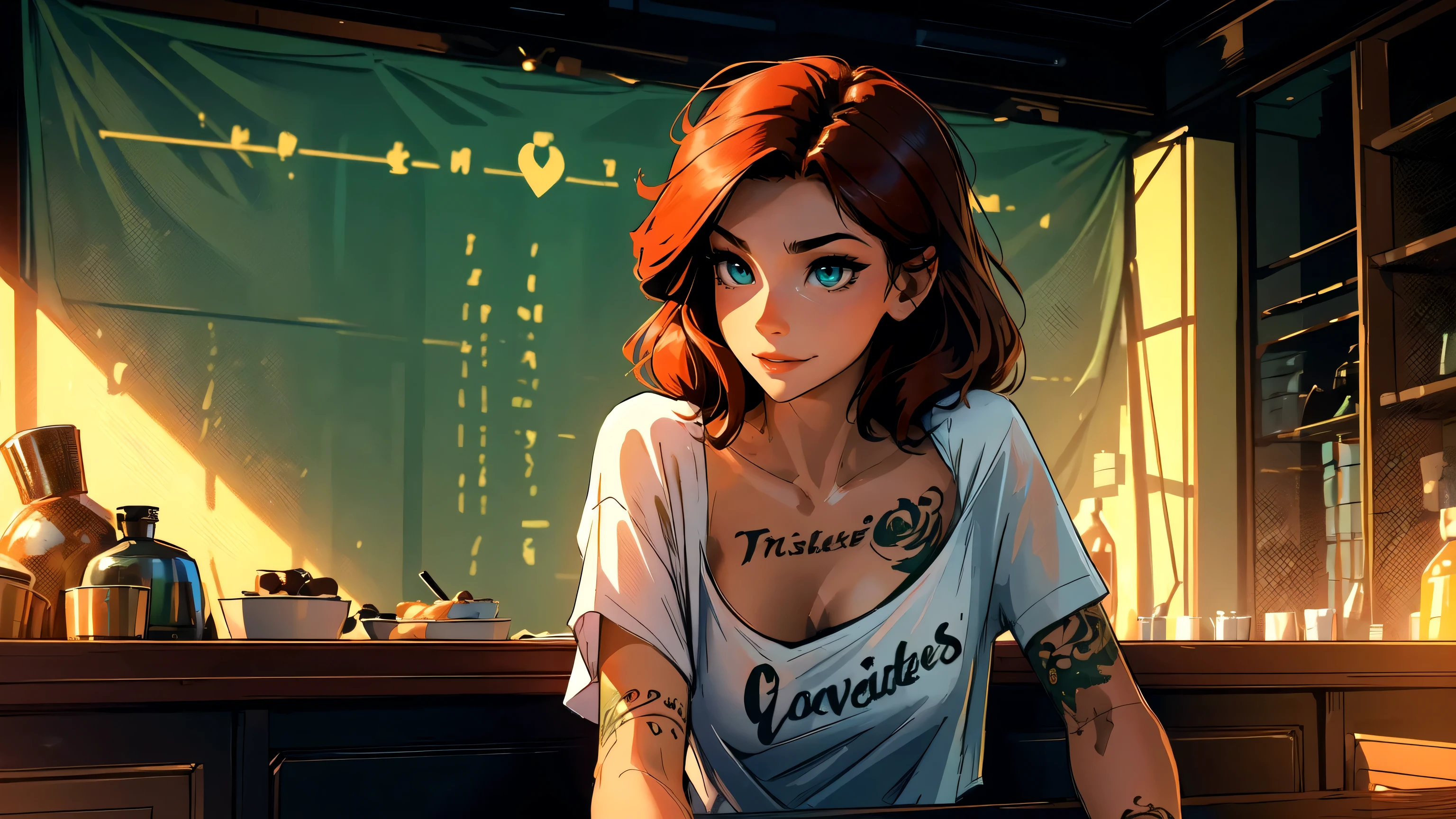 high resolution, Soft light,1womanl, Solo, Hips up, (Detailed face),tattoo, jewelry, t-shirt with rough chest, Beautiful soldiers, Grab the audience's eye, Lover's perspective, Invitation expression, Sexy smile, Perfect style, Perfect balance, Detailed skin, mischievous gaze, chest visible,red hair ,green eyes