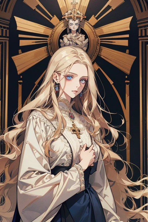 white girl about 25 years old, thin, elegant and beautiful clothes, with crucifix details, crucifix earrings, blind blue eyes, in a European mansion, long wavy blonde hair