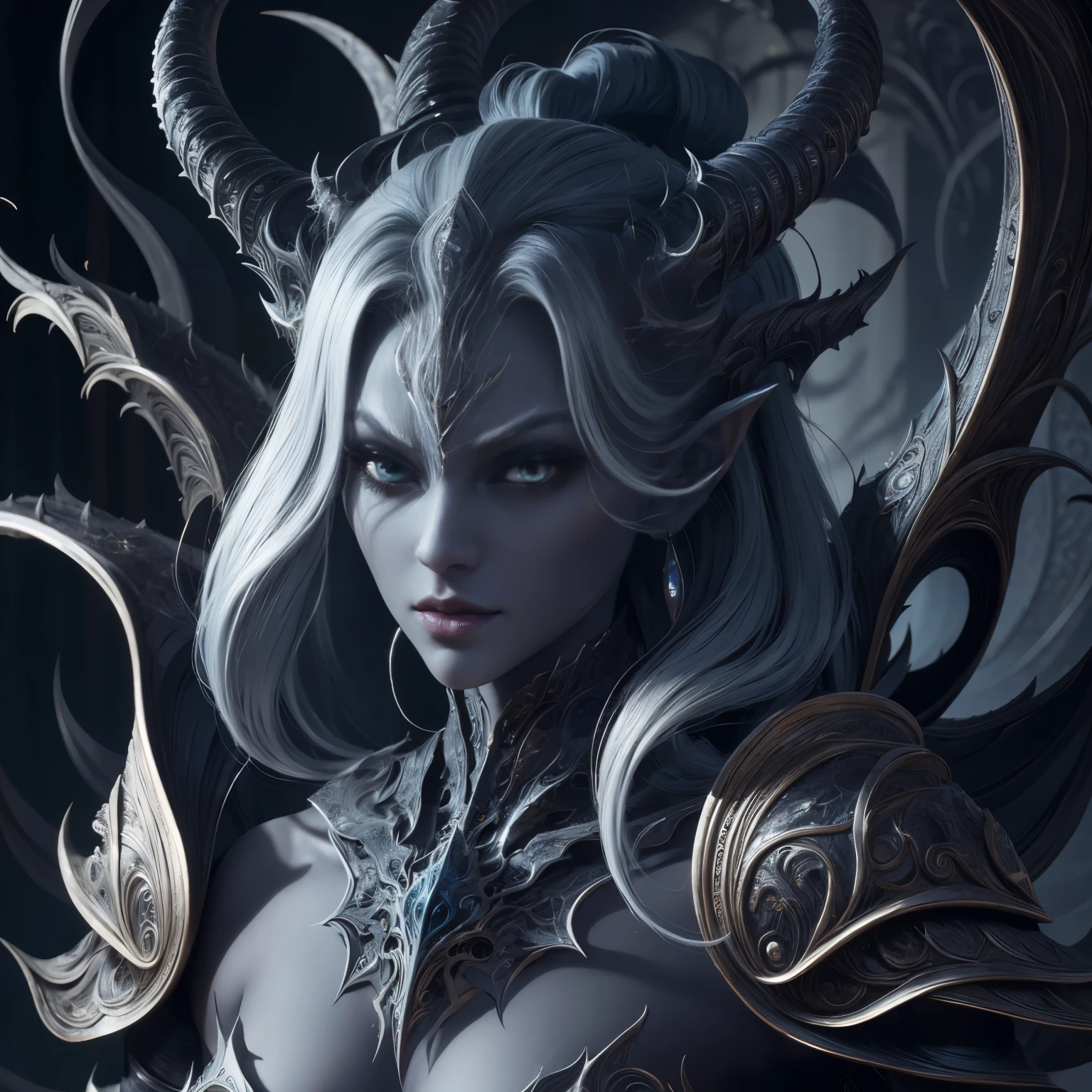 Beautiful female drow, rosto bonito, Evil countenance nice body, olhos vermelos, cabelo prateado, vestindo armadura, capa , 8k, extremamente detalhado, ultra realista