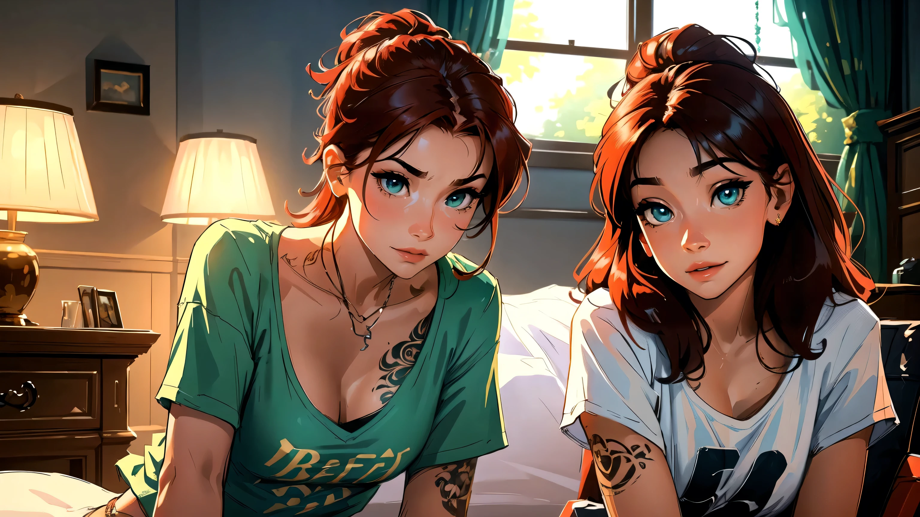high resolution, Soft light,1womanl, Solo, Hips up, (Detailed face),tattoo, jewelry, t-shirt with rough chest, Beautiful soldiers, Grab the audience's eye, Lover's perspective, Invitation expression, Sexy smile, Perfect style, Perfect balance, Detailed skin, mischievous gaze, chest visible,red hair ,green eyes