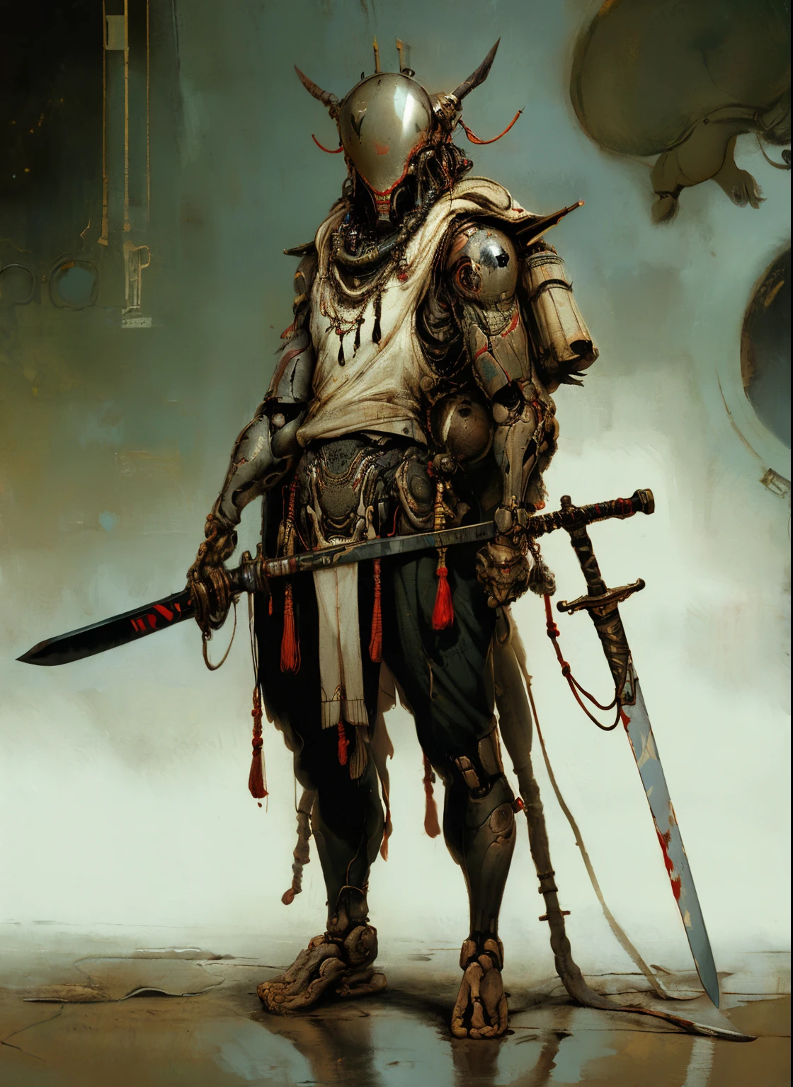 Perfect Proportions, Anatomically correct, (Head to Toe: 2.0), (Full body image: 2.0), alone, (artificial human world: 1.6), highly stylized, Deviant art, masterpiece, Very detailed, fine grain, expressive fine grain, Detailed pupil, Futuristic, ((1950s Sci-Fi Helmet)), ((Pointed helmet)), Rubber Gloss, (Wai Lian Wei:1.4), big boot, Full body image, Full Body Shot, nvink punk, professional photograph of alexander_skarsgard, Tassel, big beads, (大きなTassel), cyber punk, ink punk, Paint Tray, Ink splash, (Action pose:1.0), ((Holding the Sword))